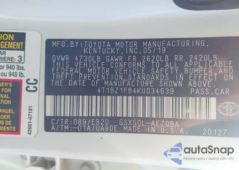 2019 Toyota Avalon Xse из США, поврежденный, VIN 4T1BZ1FB4KU034639